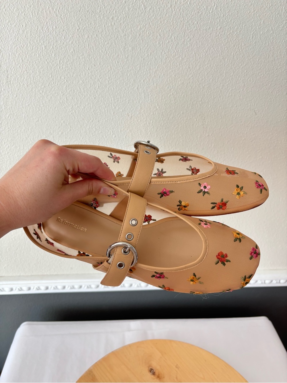Reformation Bethany Tan Floral Mesh Mary Jane Flats Size 8 - Picture 9 of 9